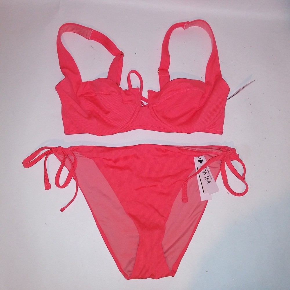 Victoria's Secret Swim Bikini 36C Top Small Bottom Coral Orange Ribbed Bandeau